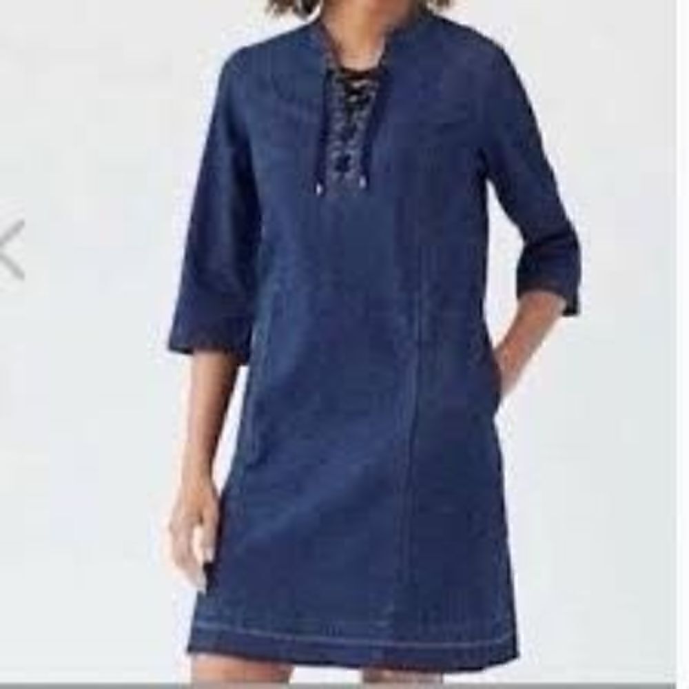 J. Jill Denim Lace Up Dress Sz L Stretch Raw Hem Pockets
